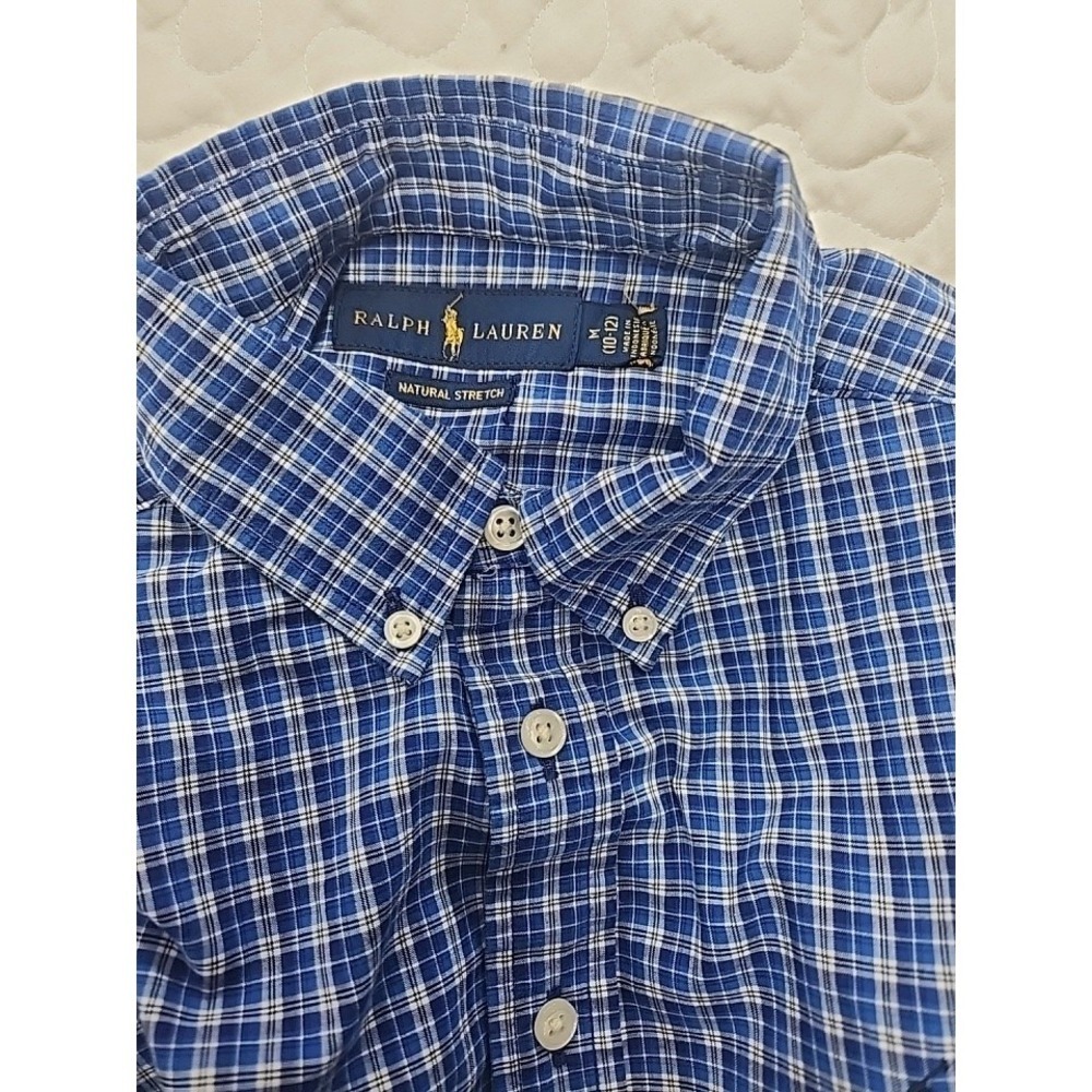 NEW Ralph Lauren BOYS Plaid Stretch Cotton Button Up Down Shirt Blue M 10 12 L/S - Picture 6 of 8